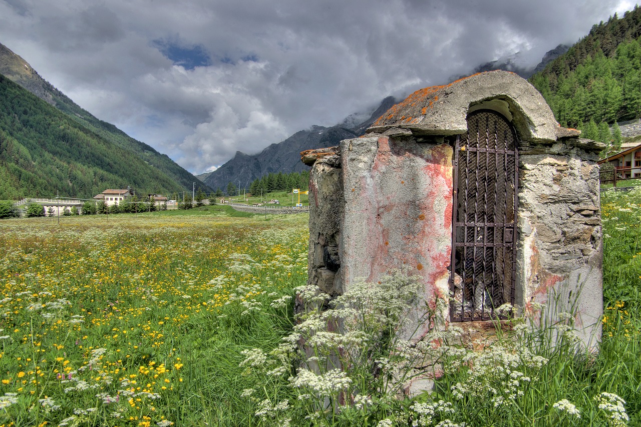chapel, mountain, flower background, alps, italy, valle daosta, cogne, spring, nature, panorama, prayer, poetry, lawn, forage, flowers, wild flowers, peace, flower wallpaper, green, beautiful flowers, clouds, pentax k10